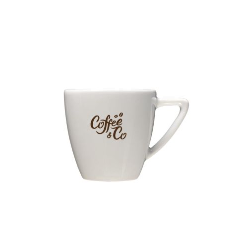 Voorzijde van Classic Espresso kop 7 cl. bedrukt met enkelkleurig CorkColor-logo op porselein.