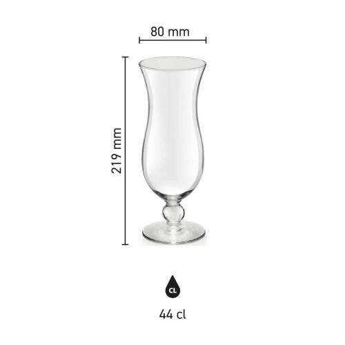 Infographic met maten van het Blue Hawai cocktailglas 44 cl. inclusief inhoud en hoogte.