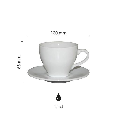 Infographic toont technische maatvoering van Dom Koffie wit 15 cl. SET porselein in millimeters.
