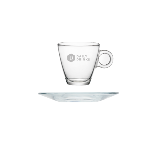 Vooraanzicht van Easy Bar Espresso 10 cl. SET met eenkleurig bedrukt logo “DailyDrinks” op transparant oppervlak.