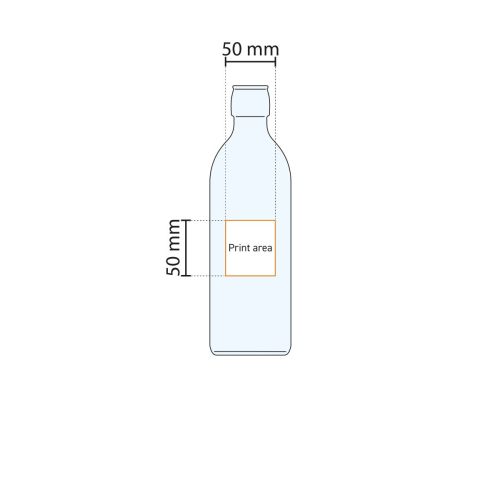 Drukgebiedweergave van Emilia Fles 0,5 liter met gemarkeerd oppervlak voor logobedrukking.