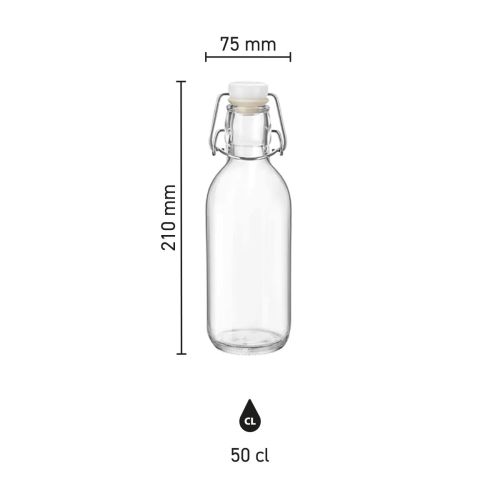 Infographic met maatvoering van Emilia Fles 0,5 liter glas, inclusief hoogte en diameter.