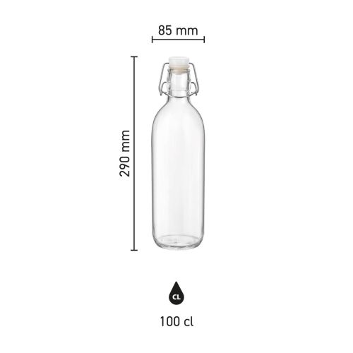 verzicht van de afmetingen van glazen fles Emilia 1 liter in duidelijke infographicweergave.