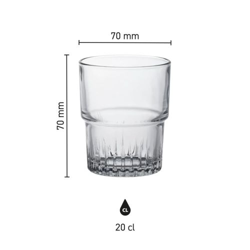 Infographic toont exacte afmetingen van Empilable Tumbler 20 cl stapelbaar glas.