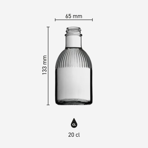 Productafmetingen van Fles Florence 0,2 liter glas weergegeven in infographic met maatvoering en schaal.