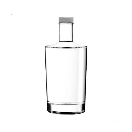 Glazen Fles Neos 0,5 liter met zilveren dop in recht vooraanzicht, transparant en eenvoudig vormgegeven.