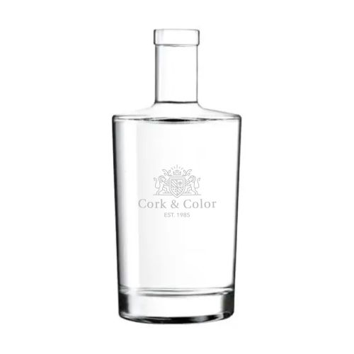 Voorzijde van Neos fles 0,7 liter kurk met subtiele PrintPub-logo gravure in het glasoppervlak.