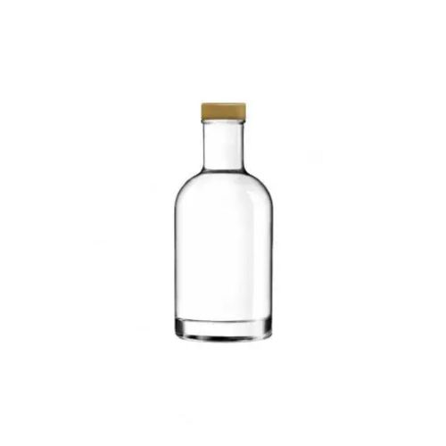Heldere glazen fles Oslo 0,2 liter met gouden dop van voren gefotografeerd, zonder bedrukking.