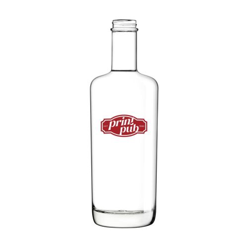 Logo van PrintPub in één kleur gedrukt op de voorkant van glazen fles Oxygen 0,7 liter.