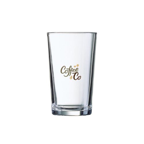Glas Conique 8 cl met bedrukt CoffeeCo-logo in meerdere kleuren op de voorzijde.