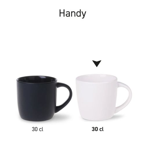 Serie Handy mokken 30 cl. porselein in twee verschillende uitvoeringen naast elkaar gepresenteerd.
