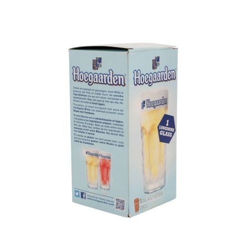Hoegaarden bierglas van 25 cl in helder glas met bijpassende verpakking, geschikt als drinkglas voor witbier en cadeauverpakking.