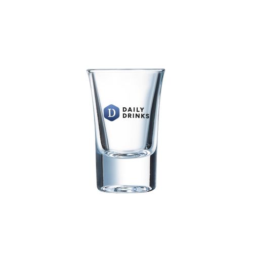 Voorzijde van HotShot glas 3,4 cl met full-colour DailyDrinks-logo op het glas gedrukt.