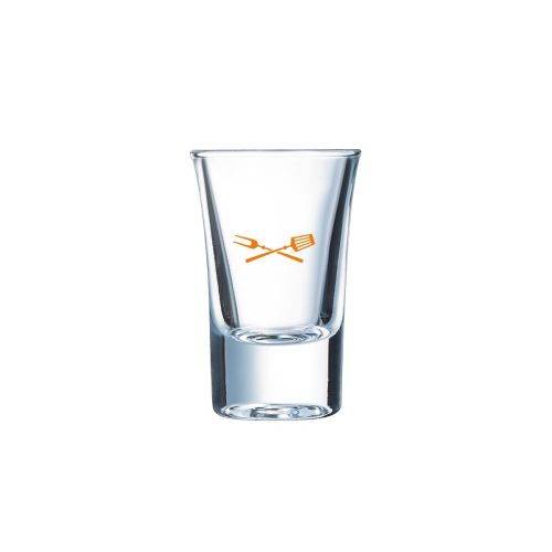HotShot glas 3,4 cl bedrukt met een logo in één kleur van TableTrend op het glasfront.
