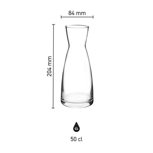 Infographic toont hoogte, diameter en inhoud van Karaf Ypsilon 0,50 liter glas in een technische maattabel.