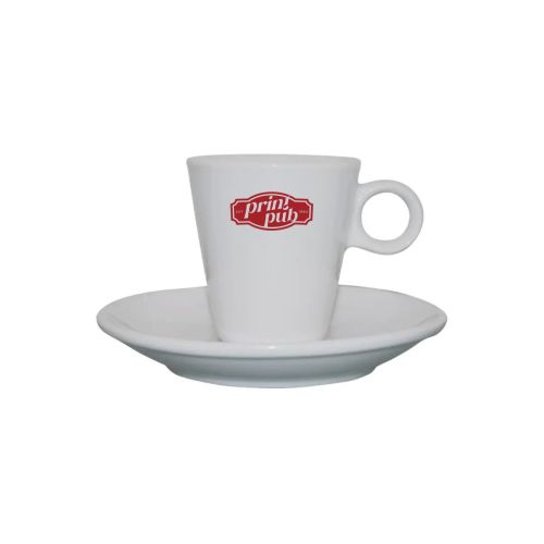 Lukas espresso wit 7.5 cl uit SET met PrintPub-logo in één kleur op het vooraanzicht van het porselein.
