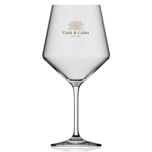 Vooraanzicht van Melody wijnglas 72 cl. met meerkleurige bedrukking van CorkColor-logo.