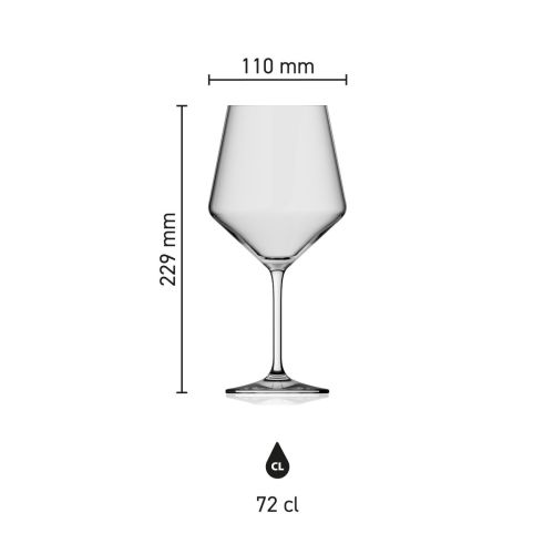 Infographic toont de exacte afmetingen van het Melody wijnglas 72 cl.