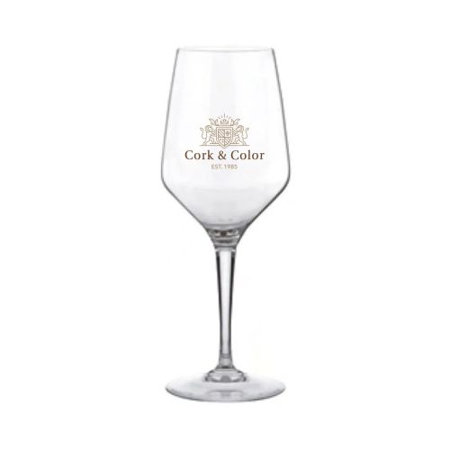 Mencia wijnglas 31 cl. met CorkColor-logo in vier kleuren op de voorzijde gedrukt.