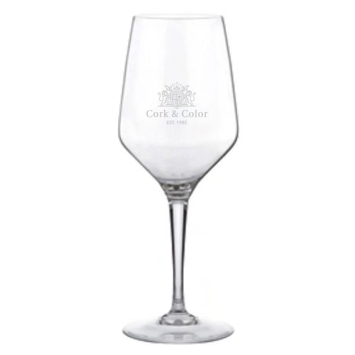Voorzijde van het Mencia 58 cl. wijnglas met gegraveerd CorkColor-logo zichtbaar.