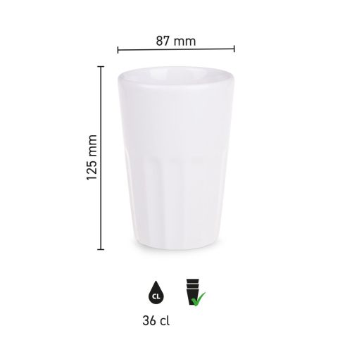 Infographic van Noble beker 36 cl. porselein met duidelijke productafmetingen en inhoud.