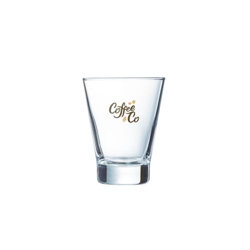 Shetland 9 cl. glas met CoffeeCo-logo in twee tot vier kleuren duidelijk zichtbaar op de voorkant.