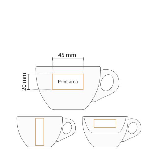 Technische werktekening met aanduiding van drukgebied op porseleinen 19 cl. cappuccinokop.