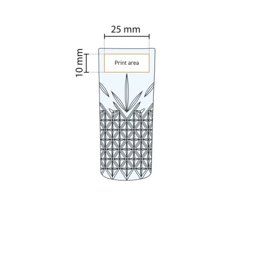 Gedetailleerde werktekening met het drukgebied op het Timeless Rakiglas 18 cl. glas gemarkeerd.