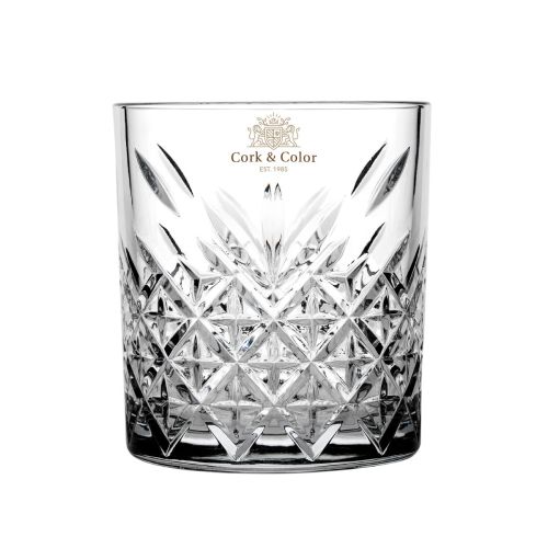 Voorzijde van het Timeless Whiskyglas met meerkleurig CorkColor-logo bedrukt op het transparante oppervlak.