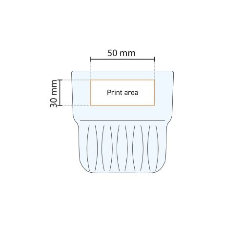 Technische werktekening toont drukgebied voor bedrukking op Onis tumblerglas 23 cl.