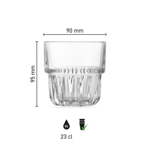 Infographic met afmetingen van het Tumbler Onis Everest glas van 35,5 cl, inclusief hoogte en diameter.