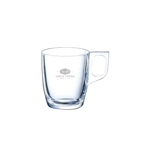Voorzijde van espressoglas 9 cl. met fijne TableTrend-logo gravure op helder glas.