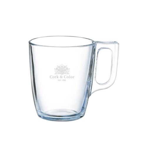 Gravure van CorkColor-logo zichtbaar op voorvlak van het Voluto glas 25 cl.