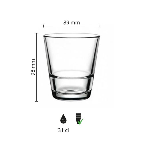 Infografiek met maatvoering van het stapelbare waterglas Grande S 31 cl, inclusief hoogte en diameter.