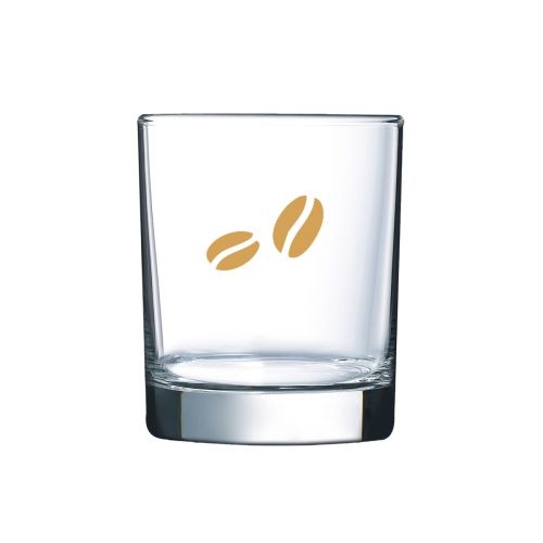 Glas met duidelijk zichtbaar éénkleurig CoffeeCo-logo op de voorzijde.