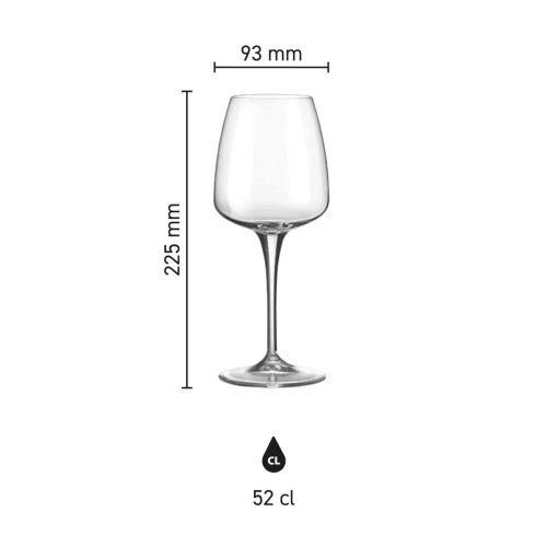 Infographic met maatvoering van het Aurum wijnglas 52 cl. toont hoogte, kelkbreedte en inhoud.