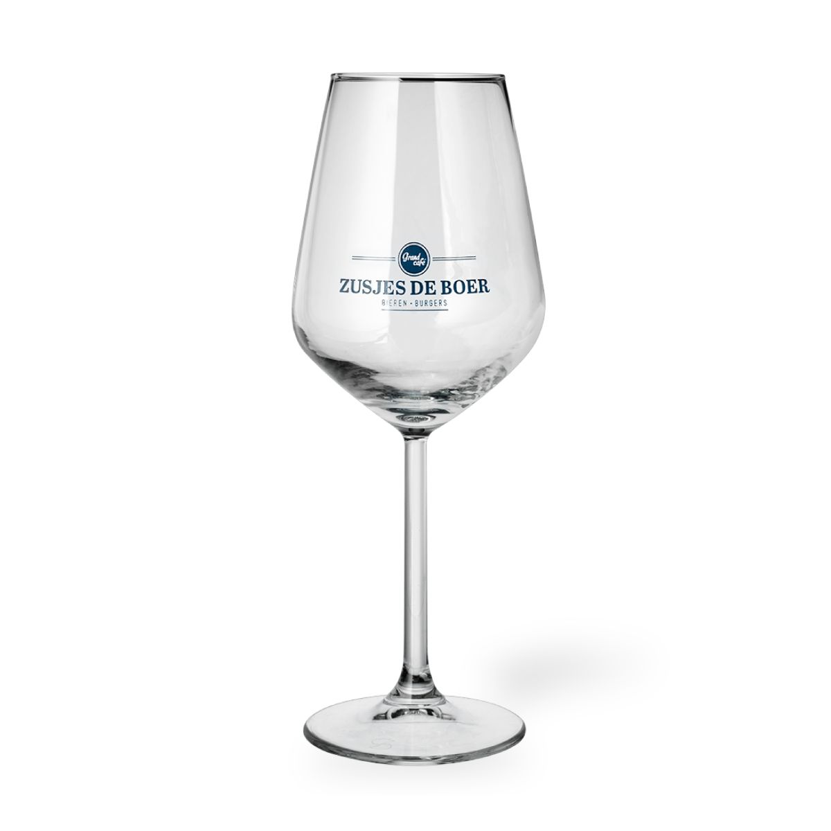 Allegra wijnglas 35 cl. met blauw logo van Zusjesdeboer op de voorzijde gedrukt.