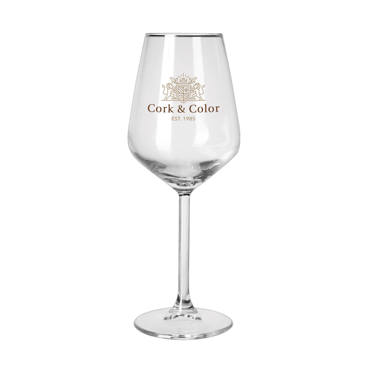 Allegra wijnglas 35 cl. glas met meerkleurig logo van CorkColor op de voorzijde.