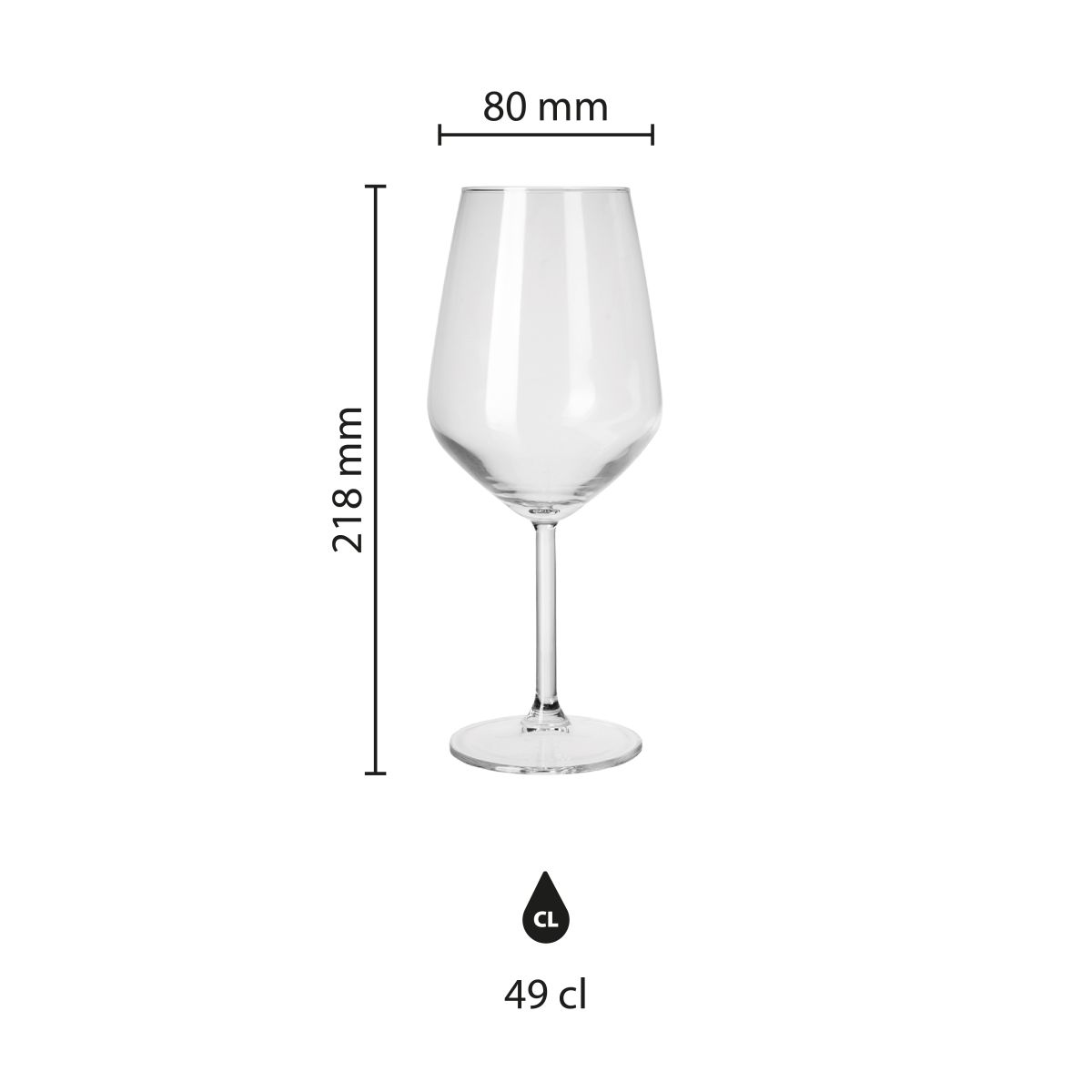 Infographic toont hoogte, diameter en inhoud van het Allegra wijnglas van 49 cl. met meetlijnen.