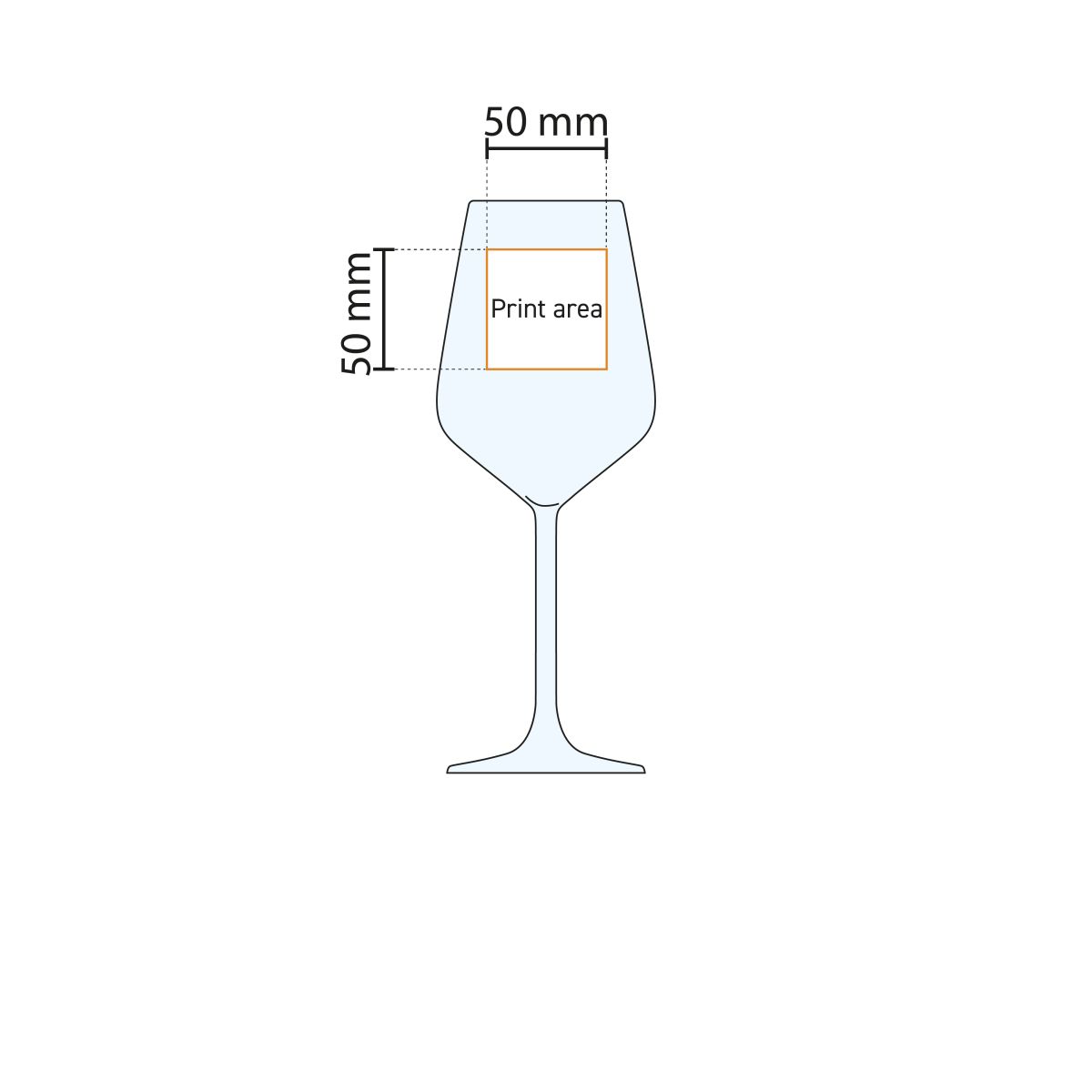 Technische werktekening met aanduiding van het drukgebied op het Allegra wijnglas van 49 cl.