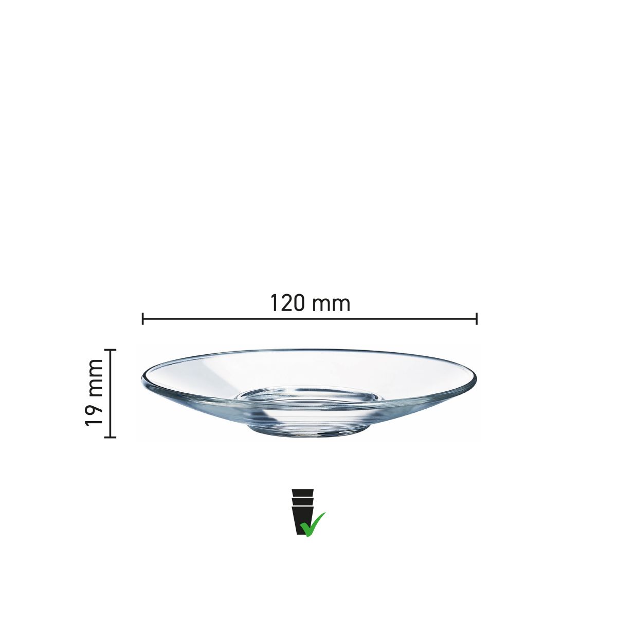 Infographic toont afmetingen van de glazen Aroma Schotel 14 cm met duidelijke maataanduiding.