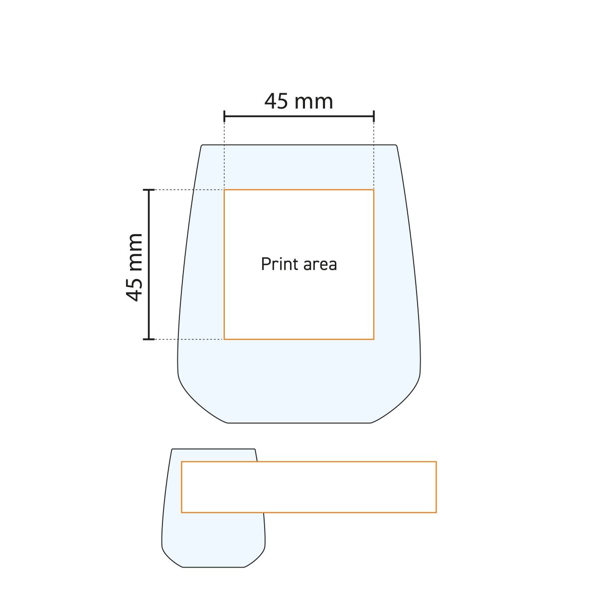 Technische werktekening met weergave van drukgebied op Aurum Tumbler 37 cl. waterglas.