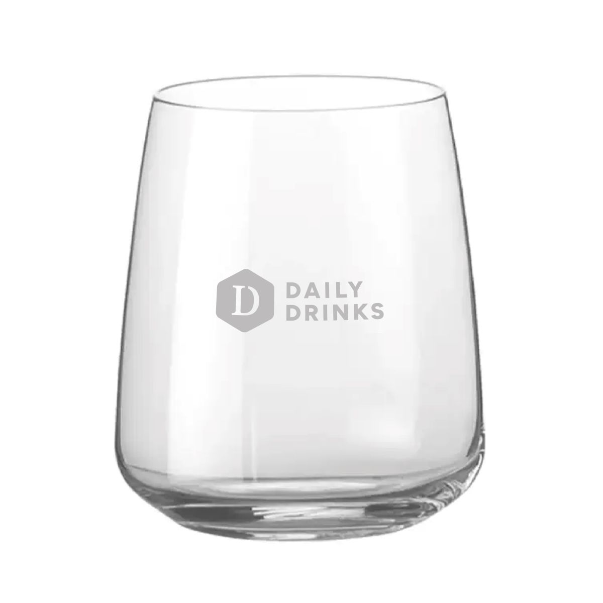 Voorzijde van glazen Aurum Tumbler 37 cl met gegraveerd DailyDrinks-logo subtiel in het oppervlak verwerkt.