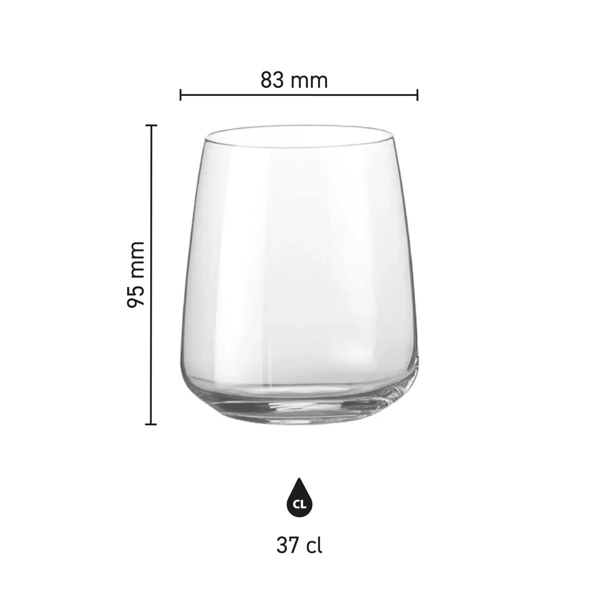 Infographic toont afmetingen van Aurum Tumbler waterglas 37 cl in glas, inclusief hoogte en diameter.