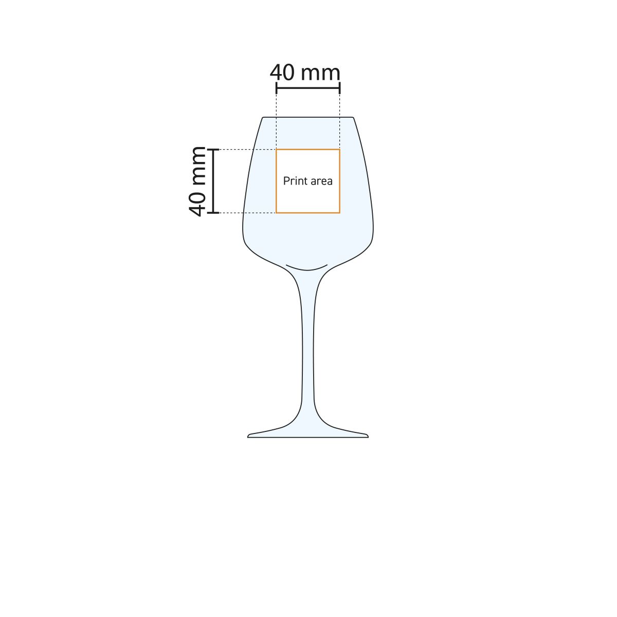 Drukgebied werktekening van Aurum wijnglas 35 cl. met gemarkeerde bedrukkingsposities.