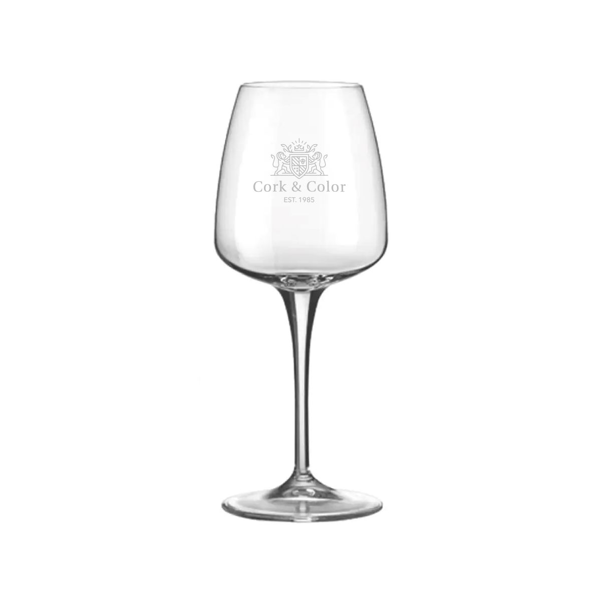 Gravure van CorkColor-logo zichtbaar op transparante voorzijde van het wijnglas 35 cl.