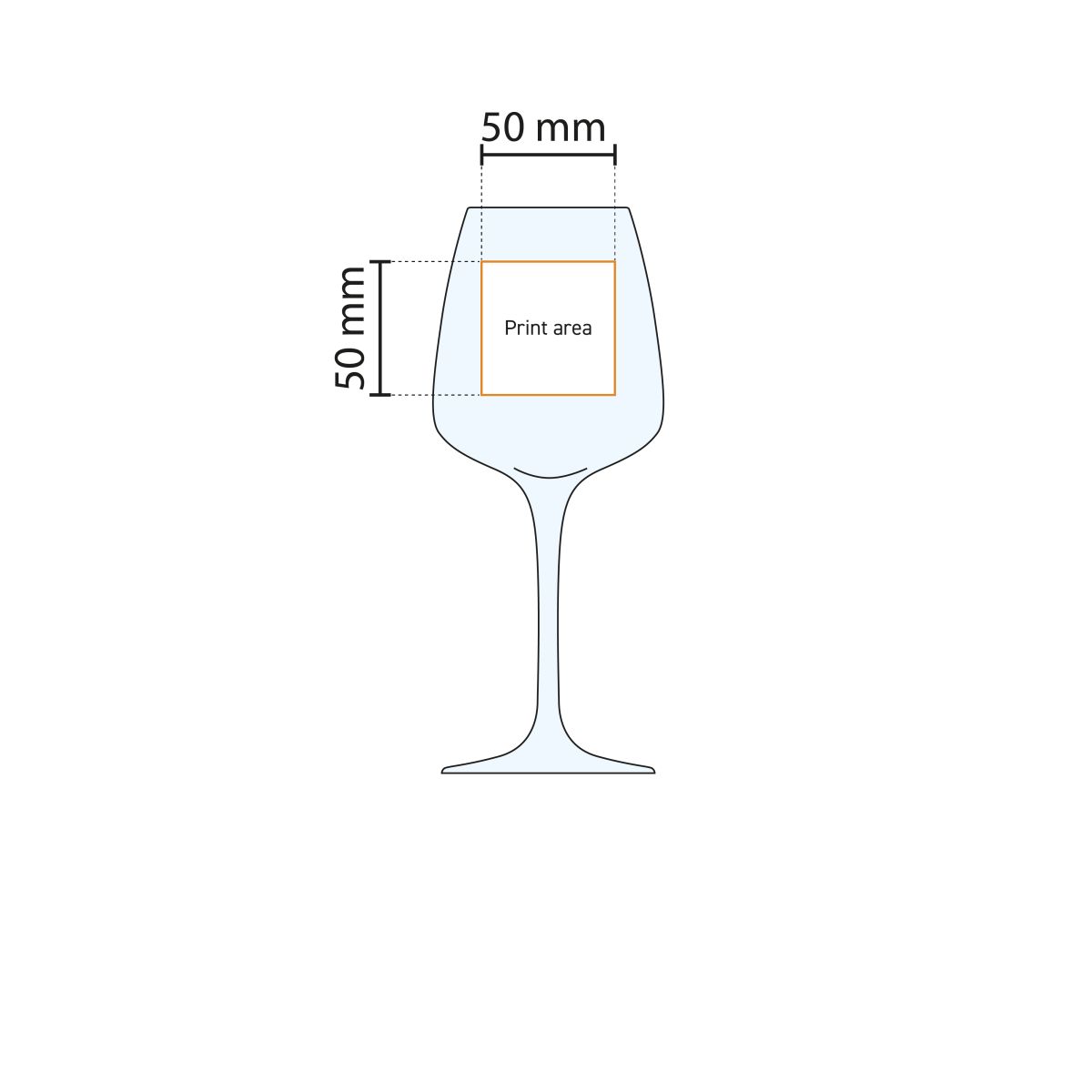 Technische werktekening met drukgebied van Aurum wijnglas 43 cl, toont bedrukbare zone.