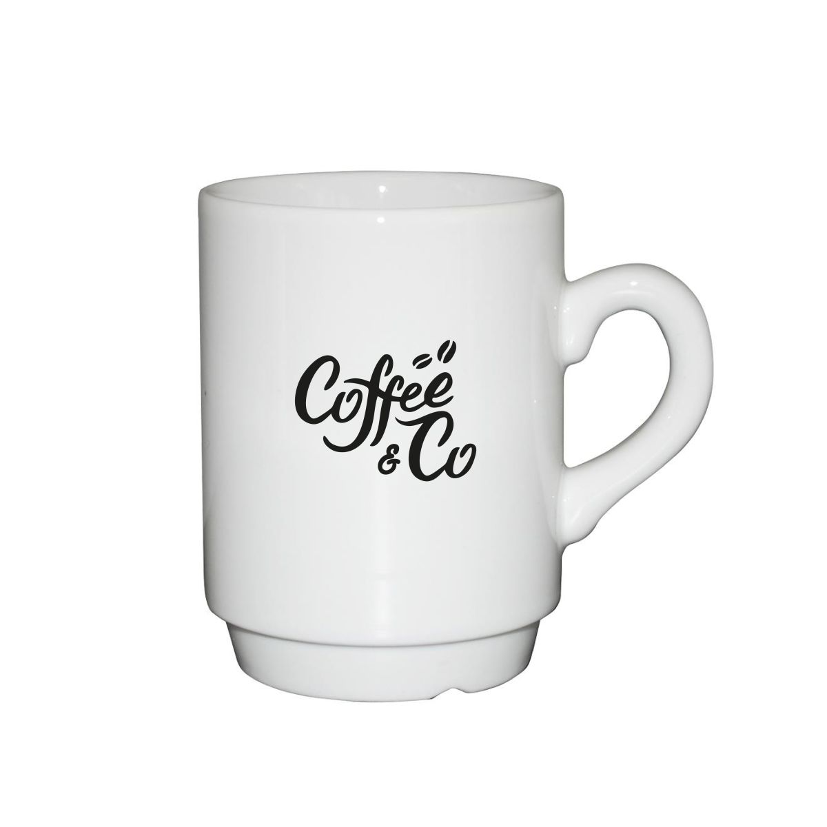 Witte automatenbeker van 20 cl porselein met CoffeeCo-logo in één kleur op de voorkant.