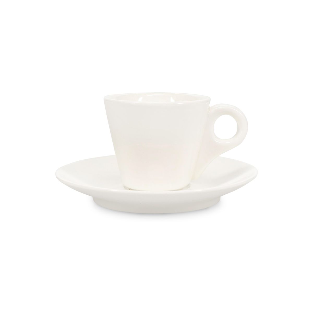 Vooraanzicht van Baristo Espresso 8 cl. SET van wit porselein, bestaande uit kop en schotel.