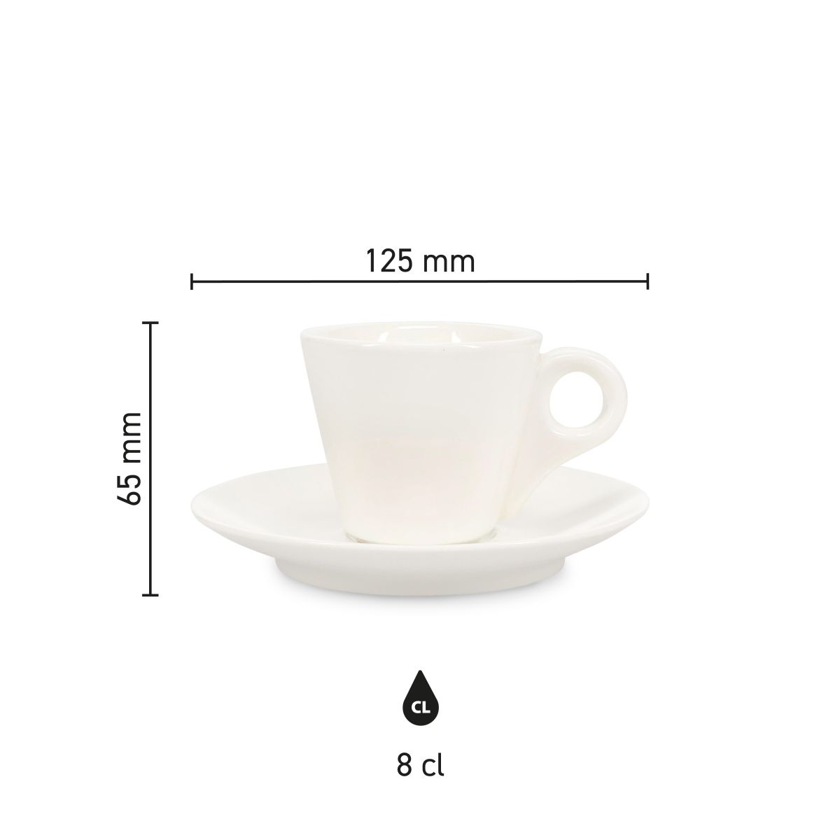 Infographic toont hoogte, diameter en inhoud van Baristo Espresso 8 cl. SET porselein.